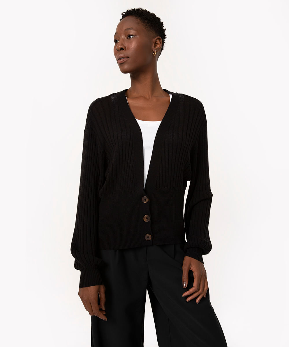 cardigan de tricô canelado decote v preto