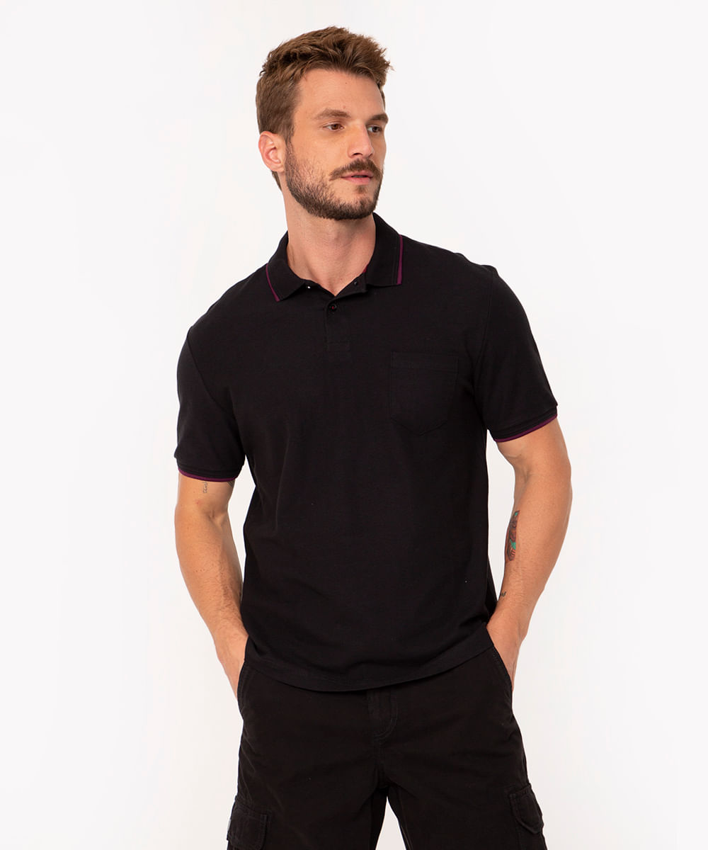polo comfort de algodão com bolso preta