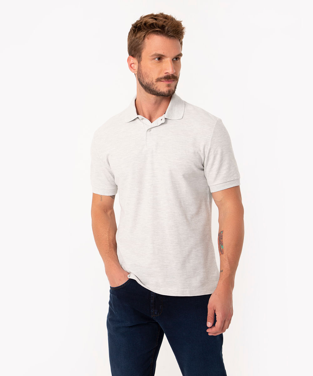 Polo de Piquet Masculina Básica Comfort Manga Curta Cinza Mescla Claro