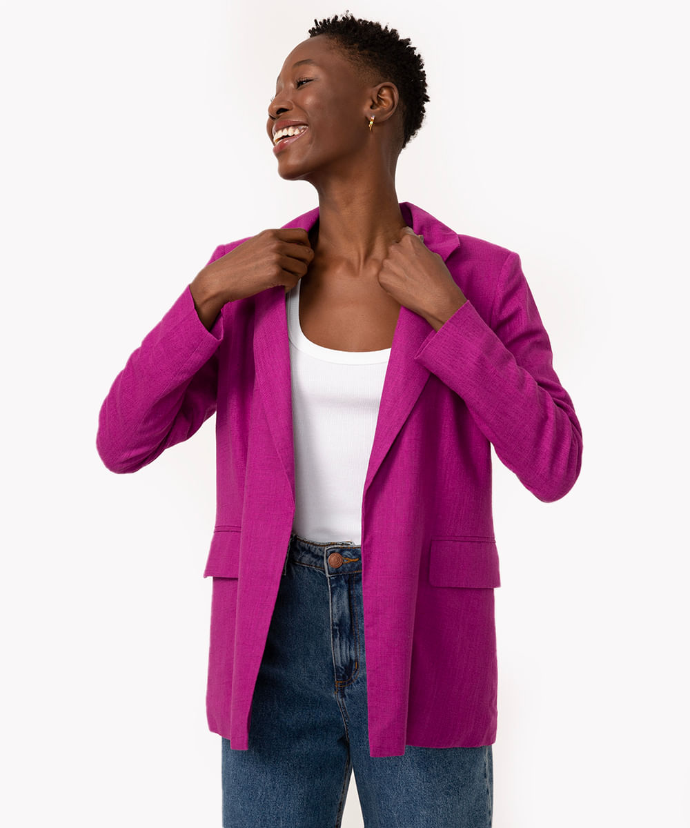 blazer alongado com linho manga longa roxo