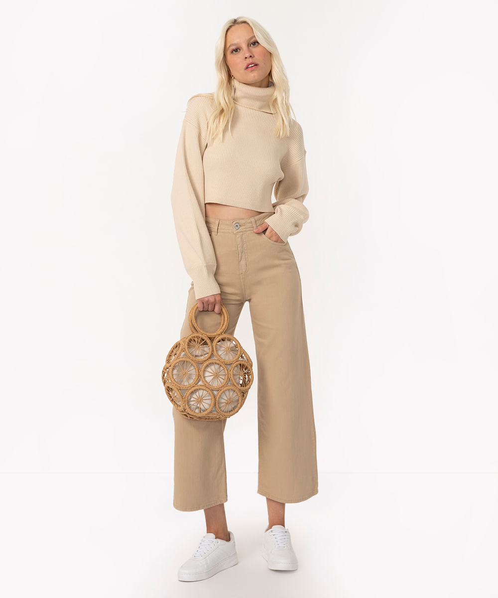 calça de sarja wide leg cropped cintura super alta com bolsos bege