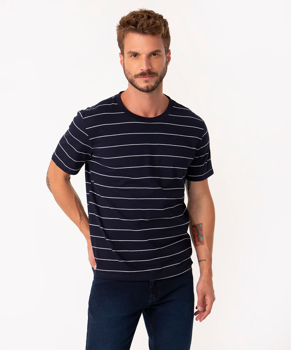 camiseta de algodão texturizada listrada manga curta azul marinho