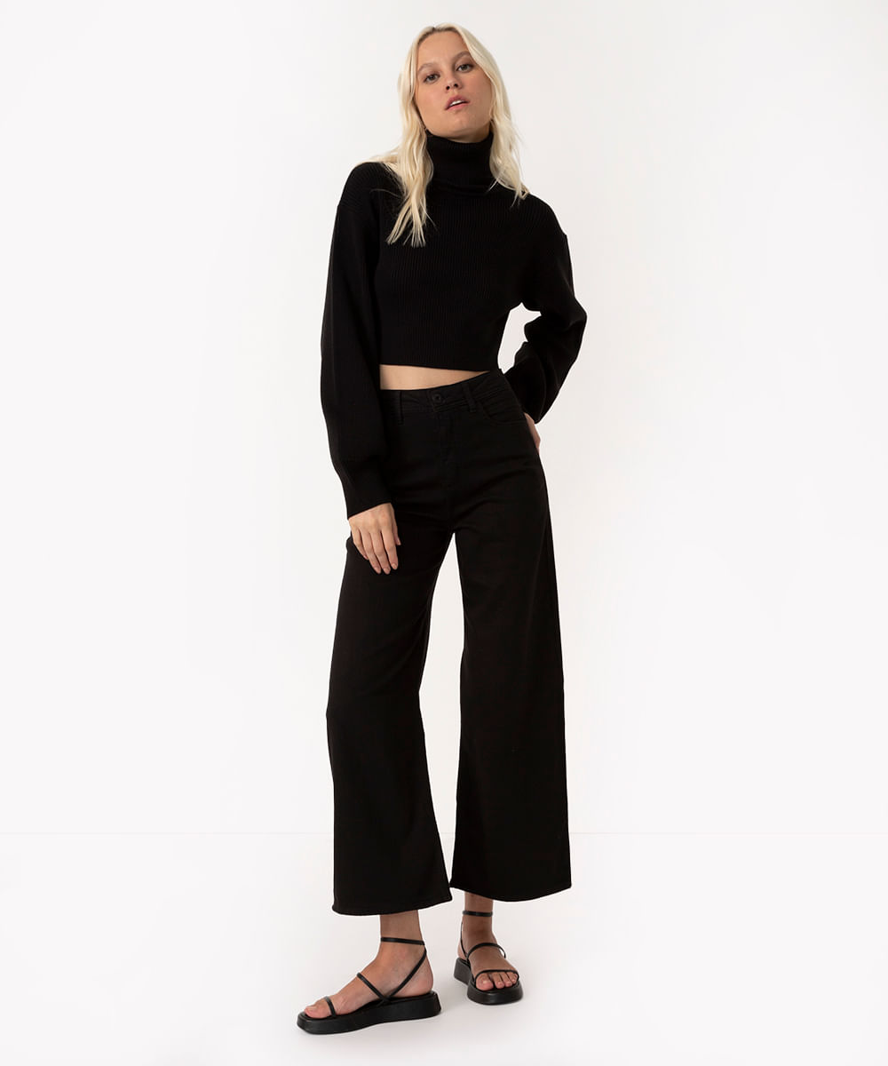 calça de sarja wide leg cropped cintura super alta com bolso preta