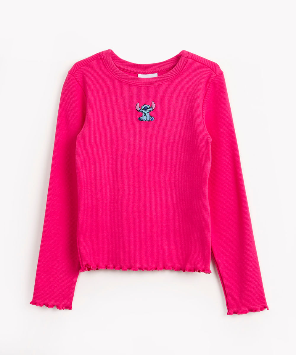 blusa infantil canelada manga longa stitch pink