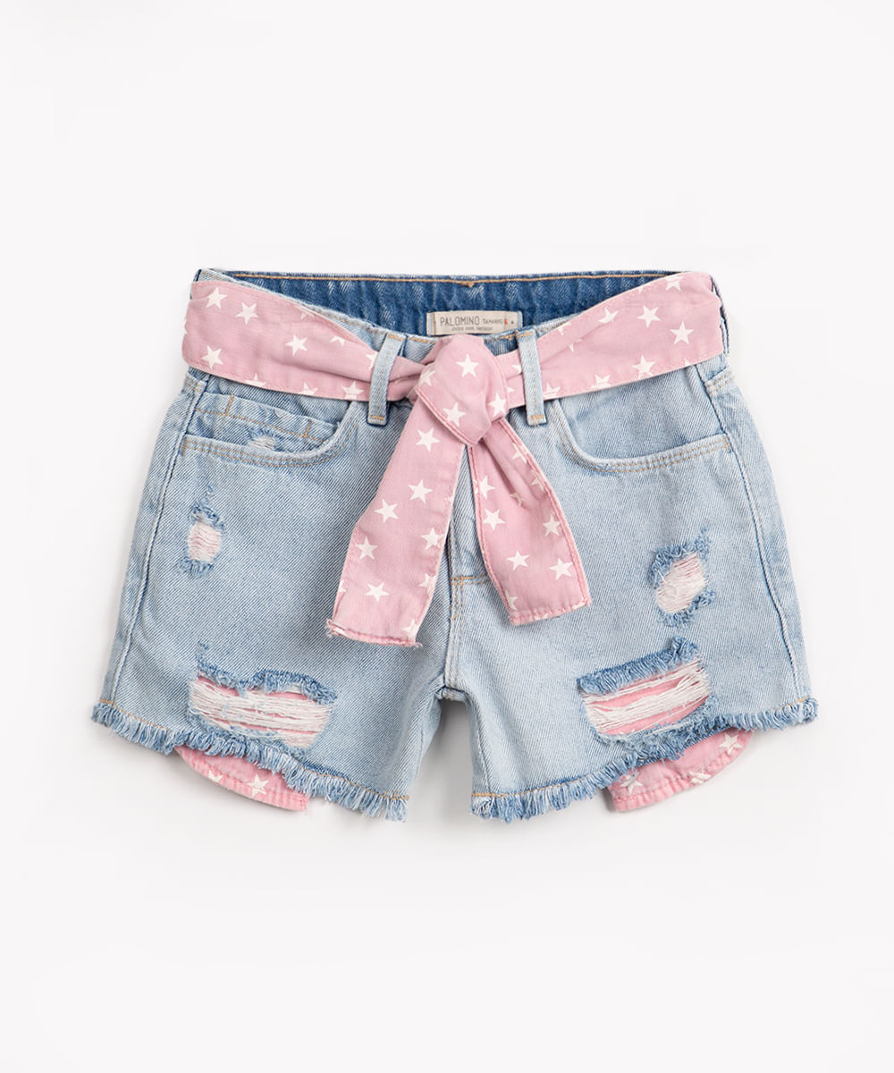 short infantil jeans destroyed com faixa estrelas azul claro