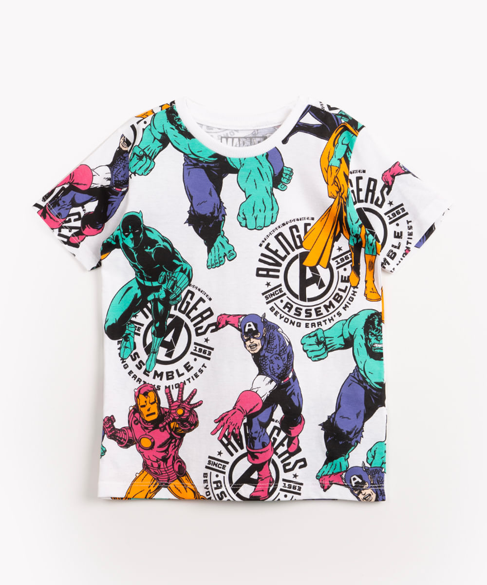 camiseta infantil de algodão manga curta heróis marvel off white