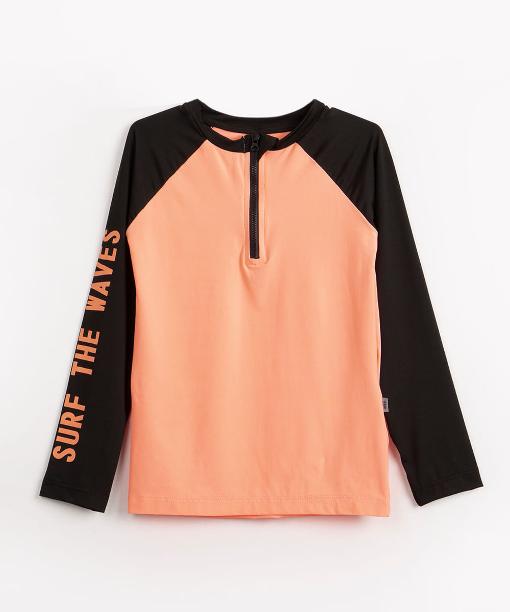 camiseta de praia infantil manga longa raglan proteção uv+ laranja