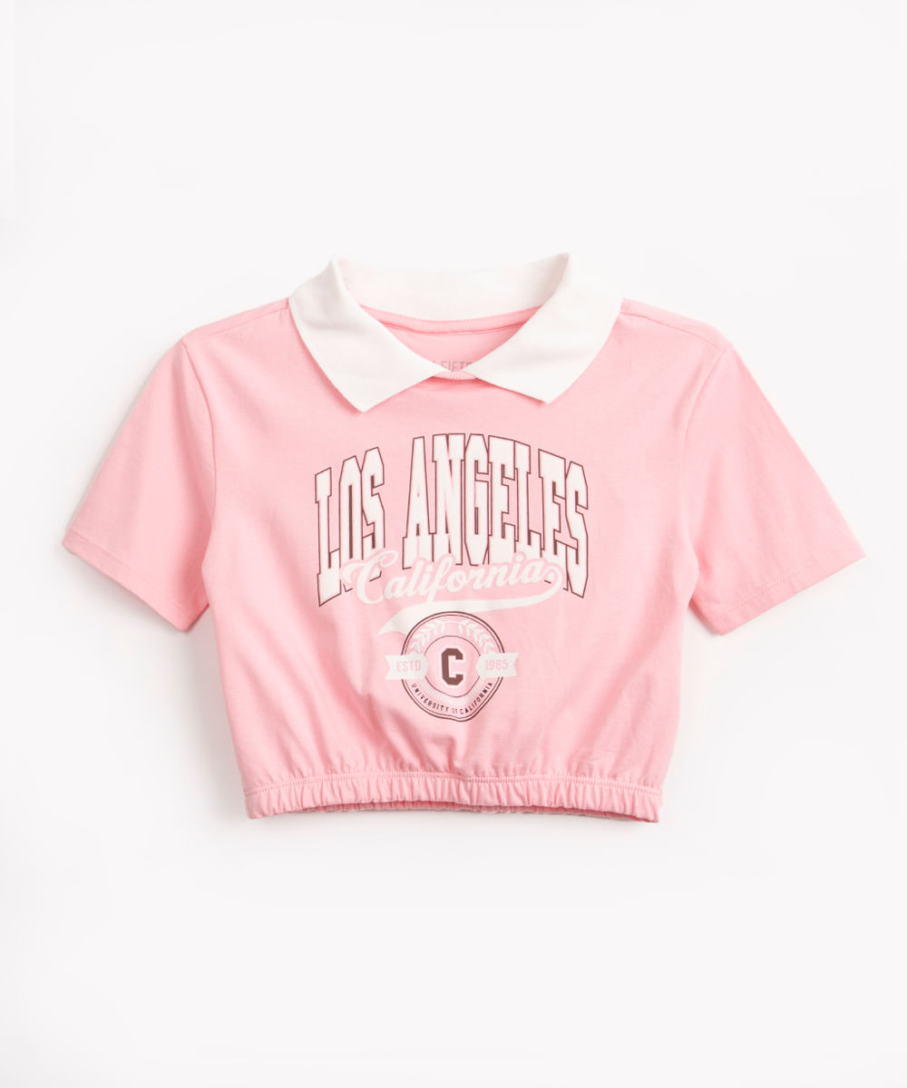 blusa juvenil los Angeles manga curta com gola rosa claro