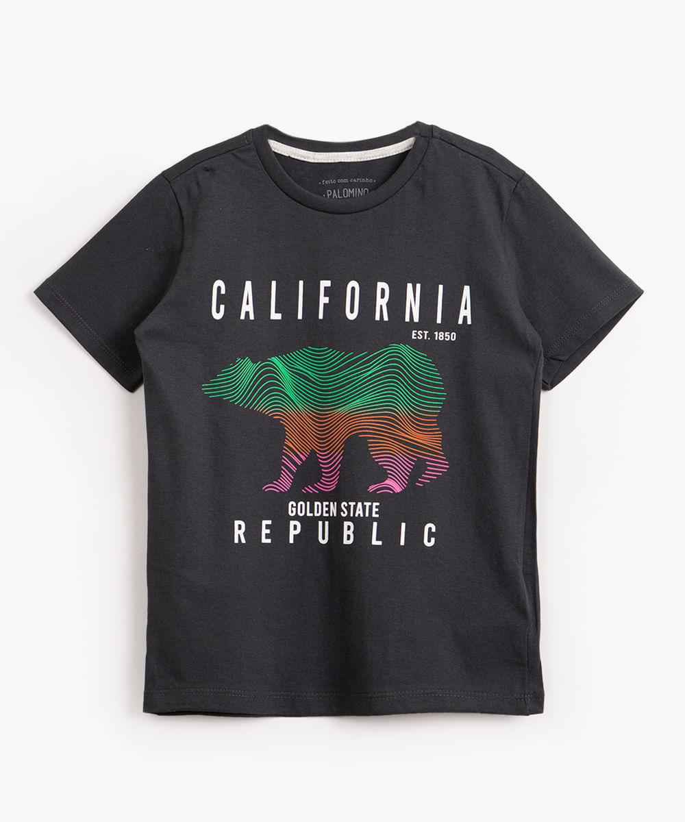 camiseta infantil de algodão manga curta urso california cinza escuro