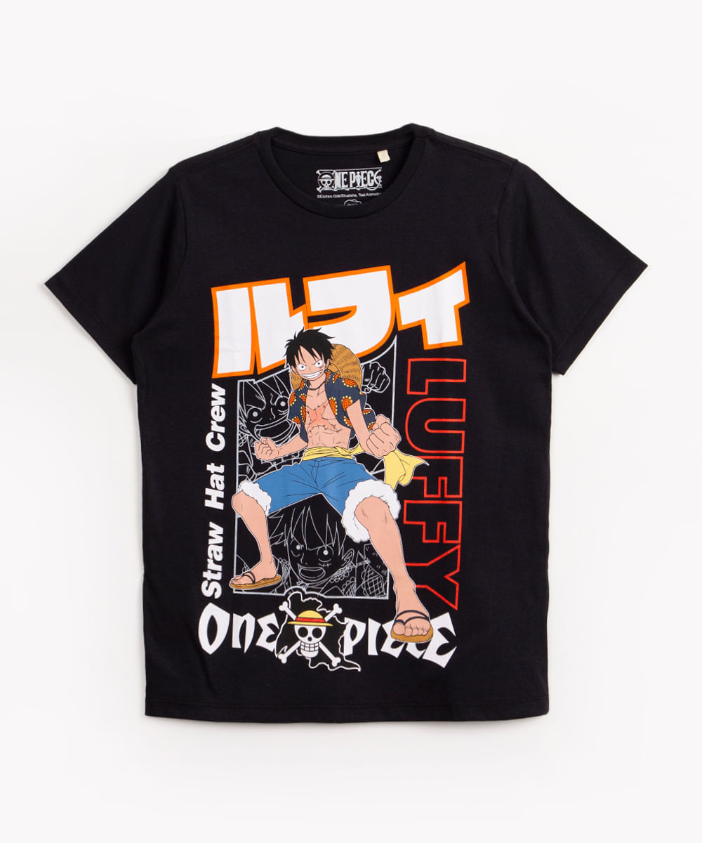 camiseta juvenil de algodão manga curta one piece preto