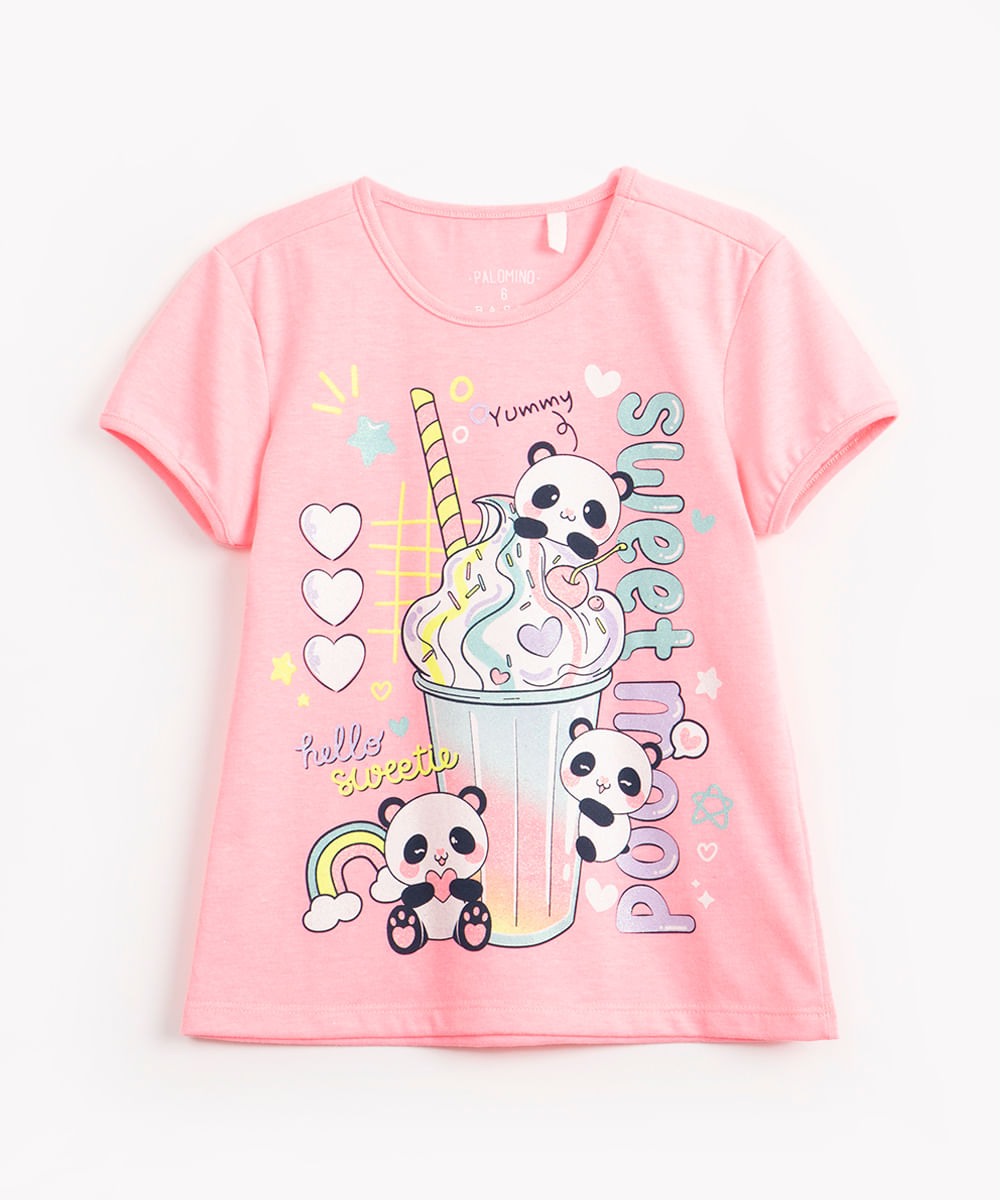 blusa infantil de algodão manga curta pandinha glitter rosa neon