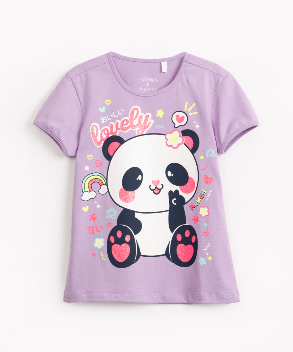 blusa infantil de algodão manga curta pandinha glitter lilás