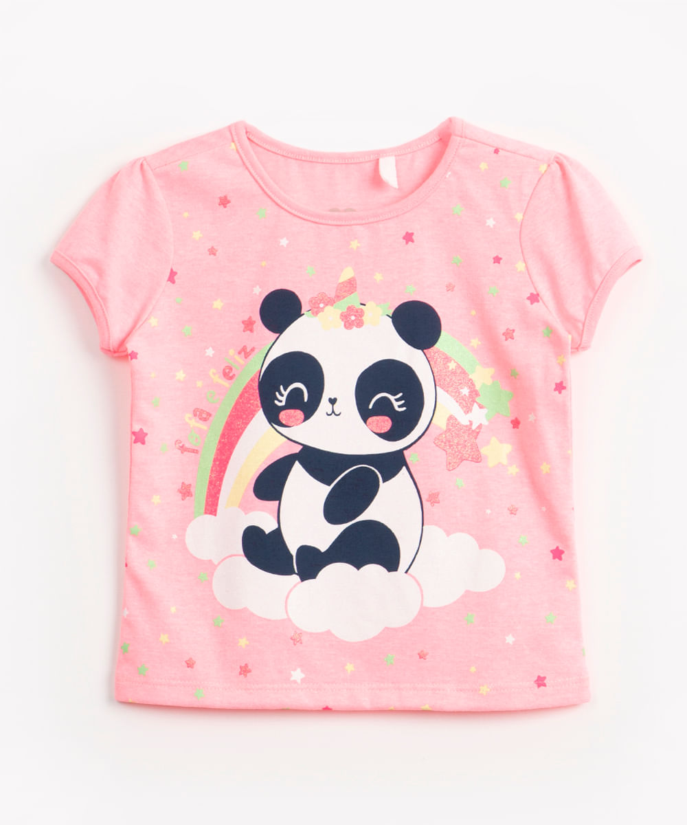 blusa infantil de algodão manga curta pandinha glitter rosa