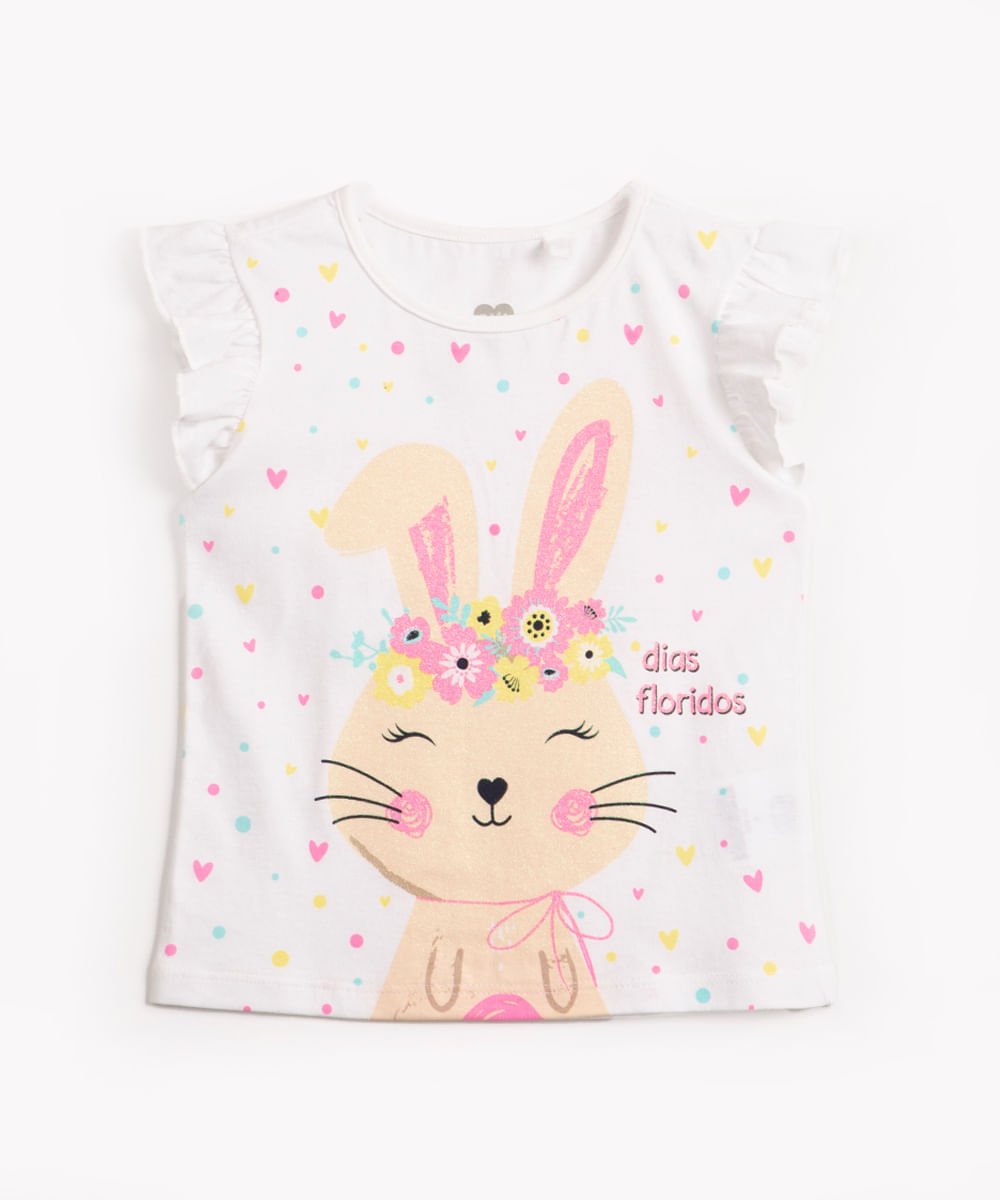 blusa infantil de algodão manga franzida coelho glitter off white