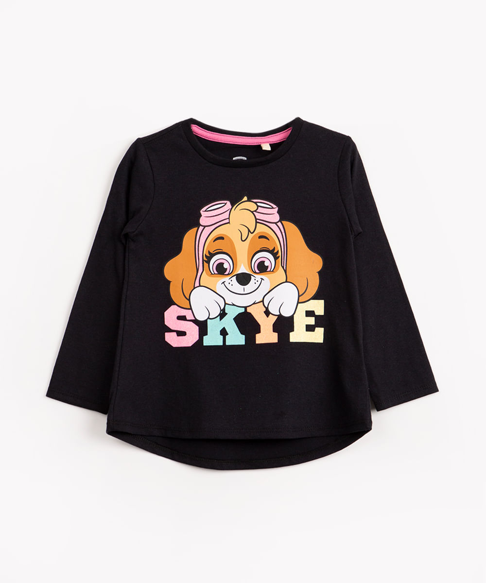 blusa infantil de algodão manga longa skye patrulha canina preto