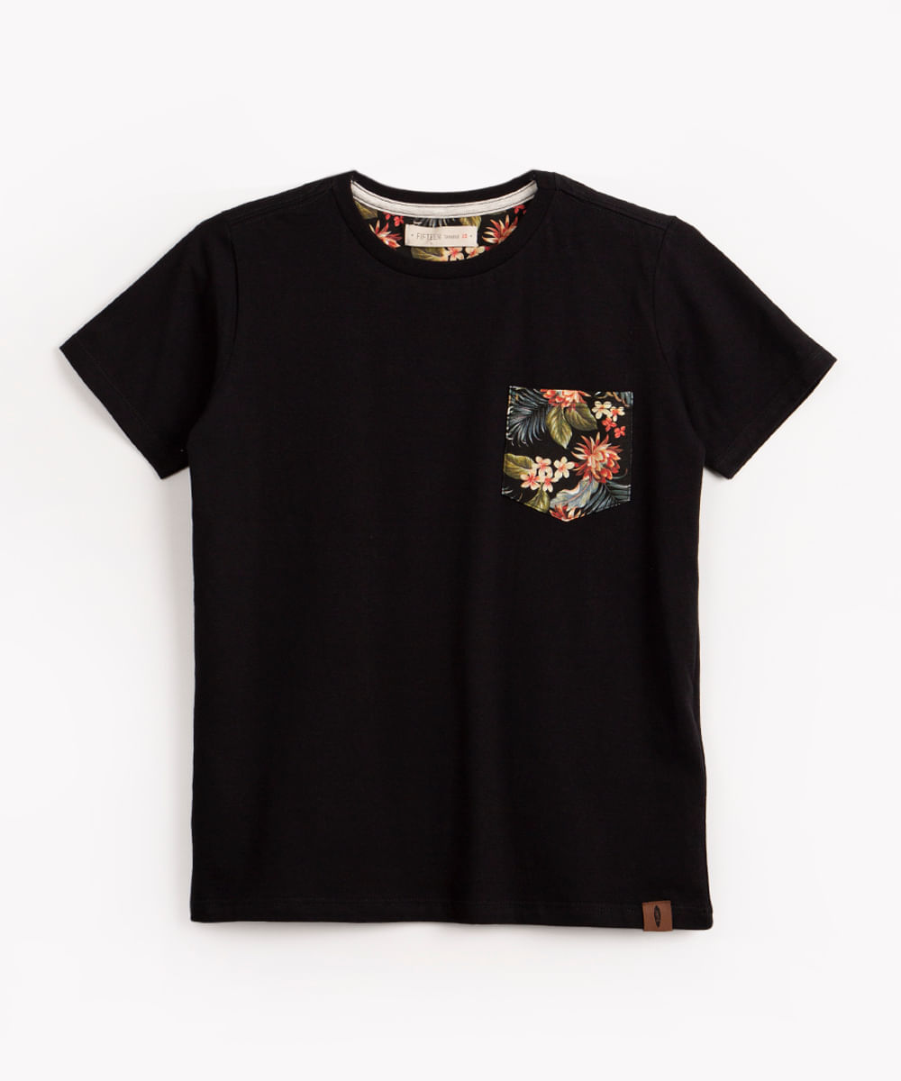 camiseta infantil de malha com bolso manga curta preto