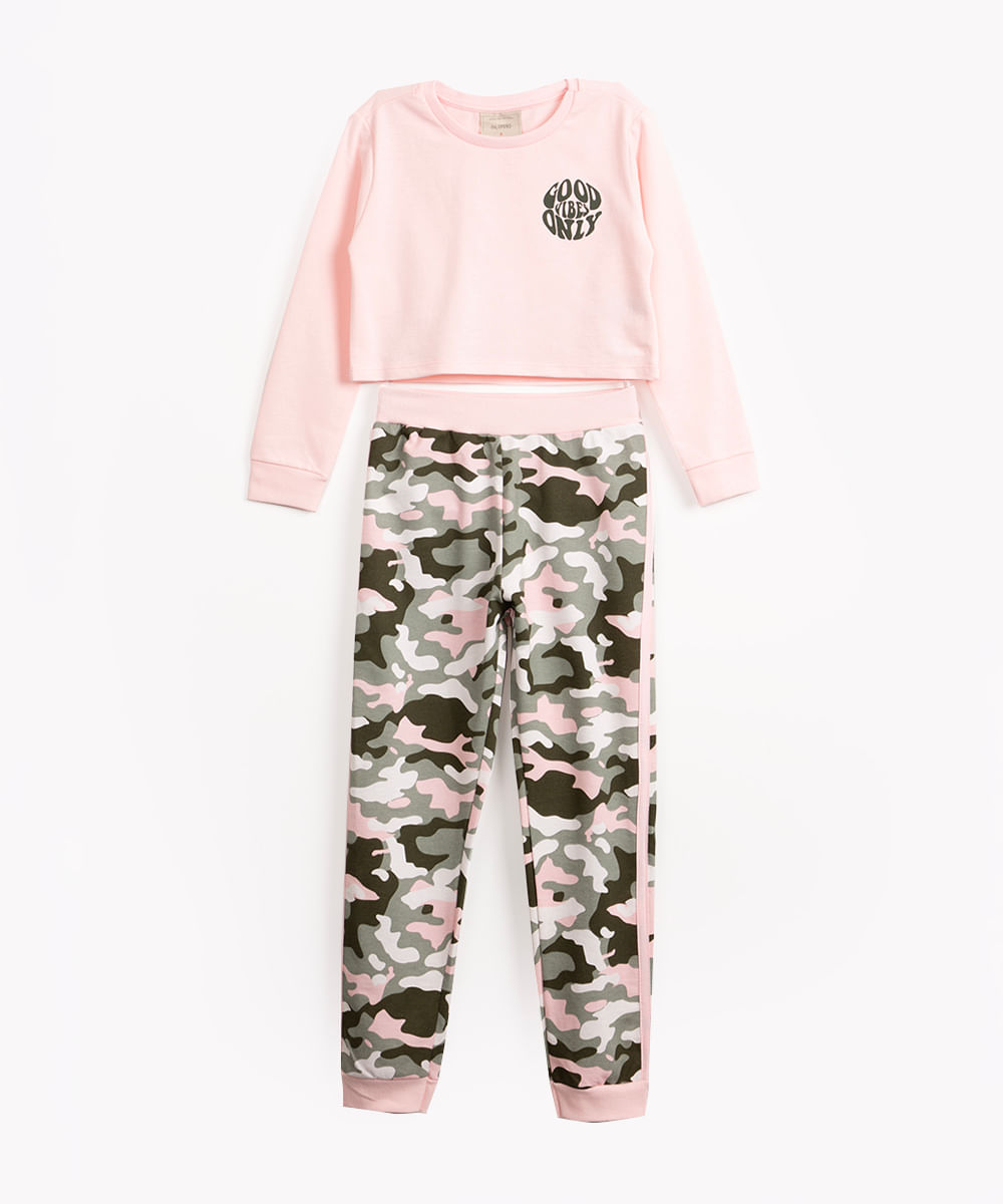 conjunto infantil longo de moletom rosa