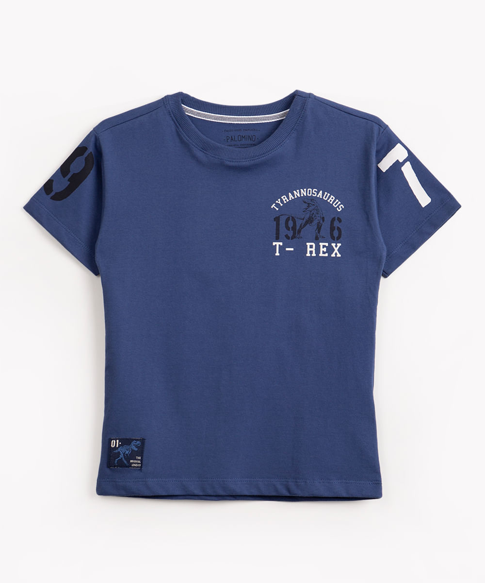 camiseta infantil de malha dinossauro manga curta azul