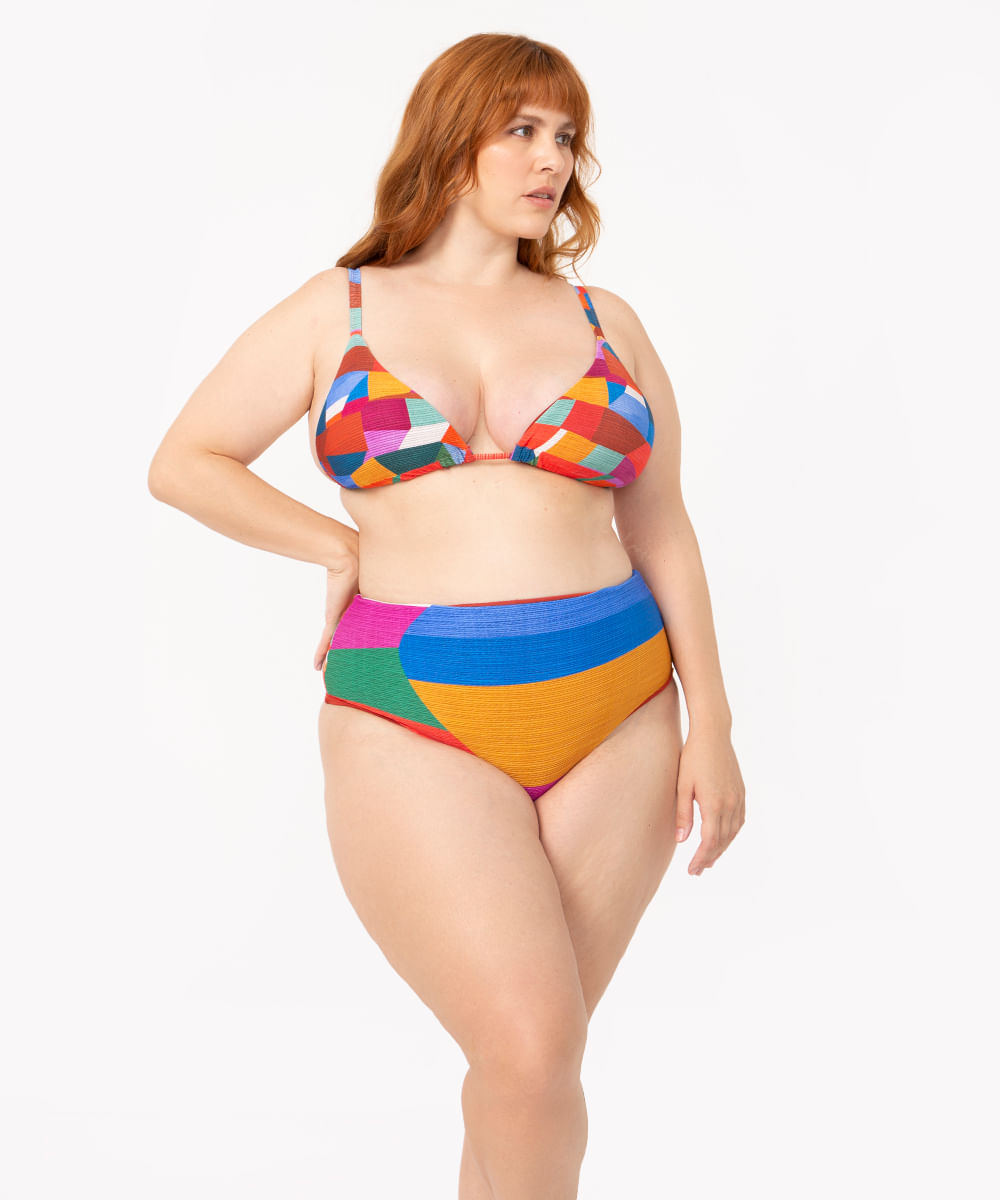 biquíni plus size calcinha tanga hot pant prisma com proteção uv50 multicor