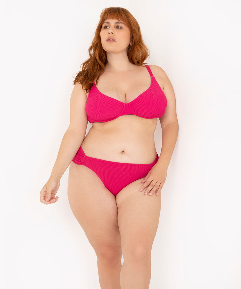 biquíni calcinha texturizada com franzido e proteção uv50 rosa