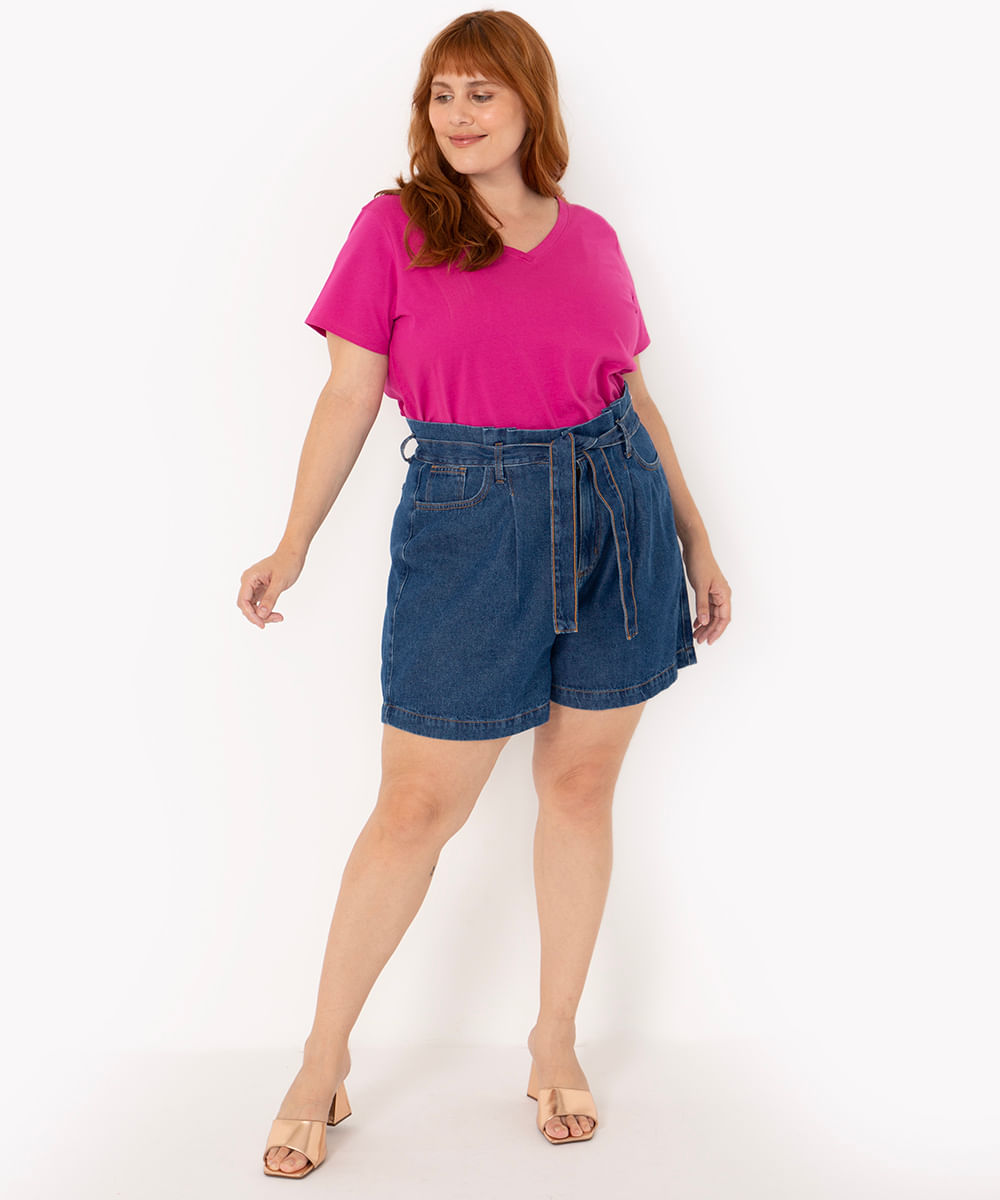 short jeans plus size clochard cintura super alta azul escuro