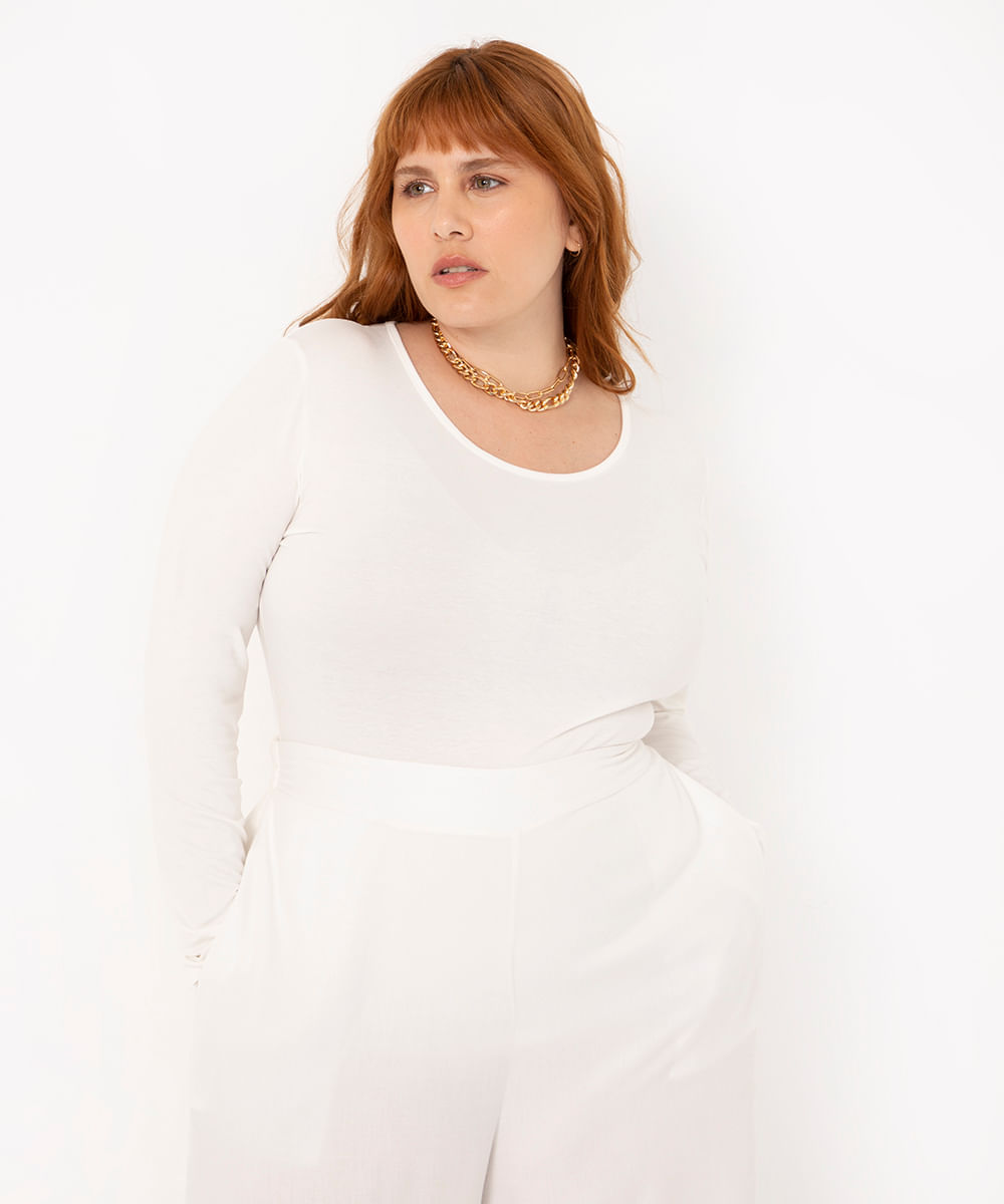 Blusa Plus Size Básica Manga Longa Decote Redondo off white