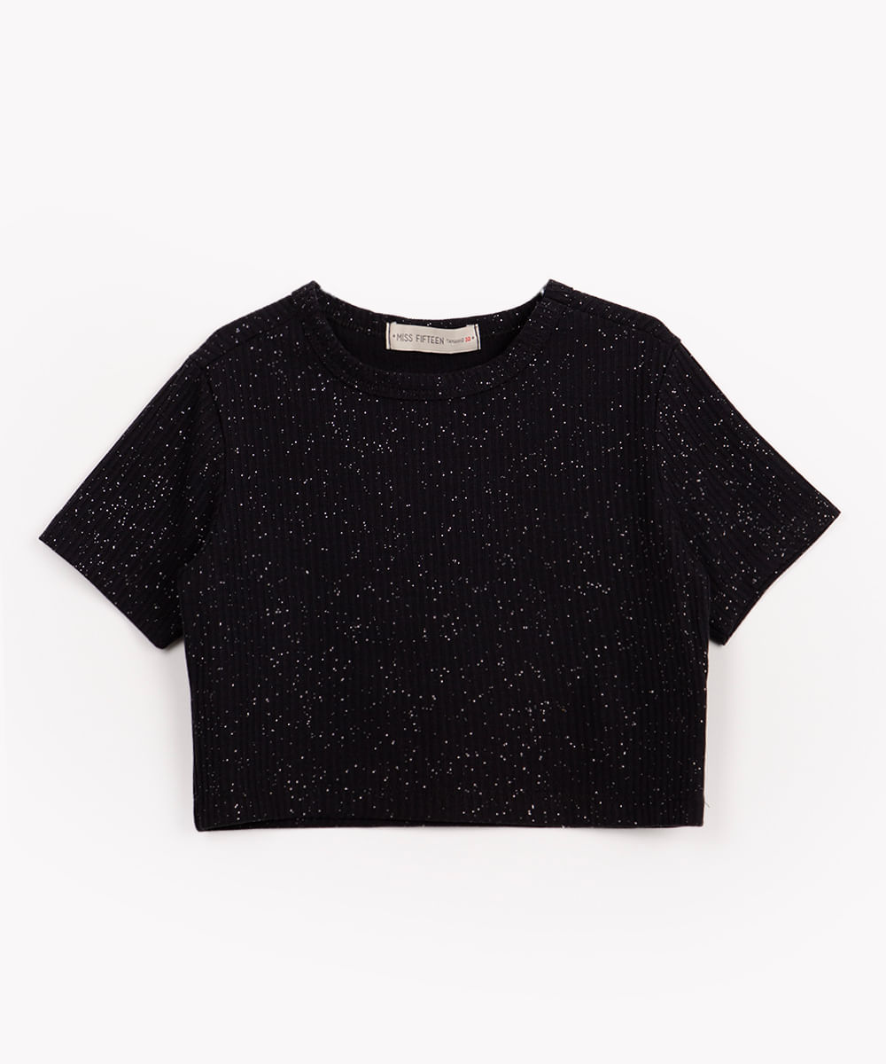 blusa cropped juvenil malha canelada com glitter manga curta preto