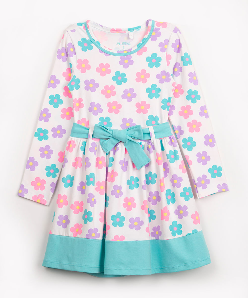 vestido infantil de malha floral com laço manga longa off white