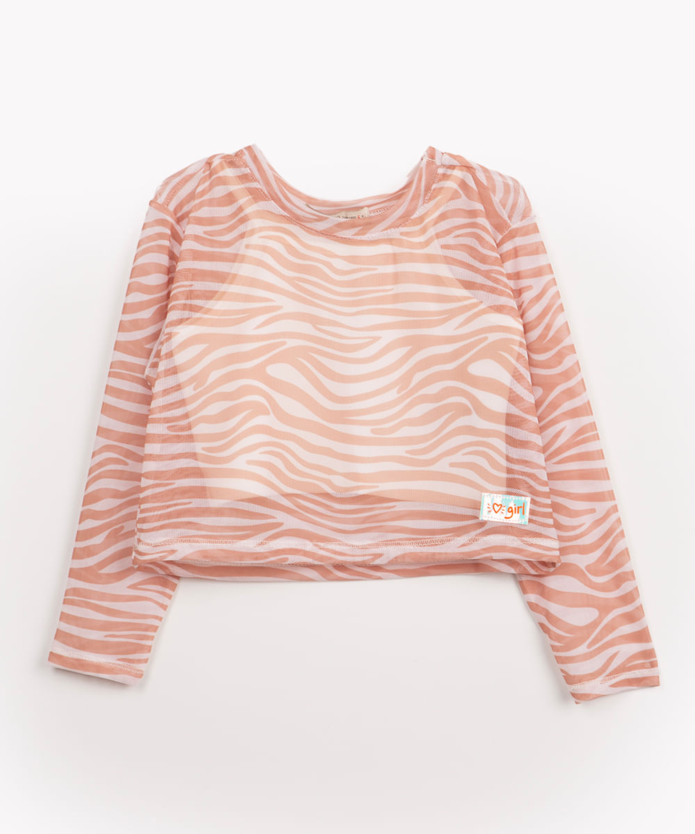 blusa cropped infantil em tule animal print manga longa off white