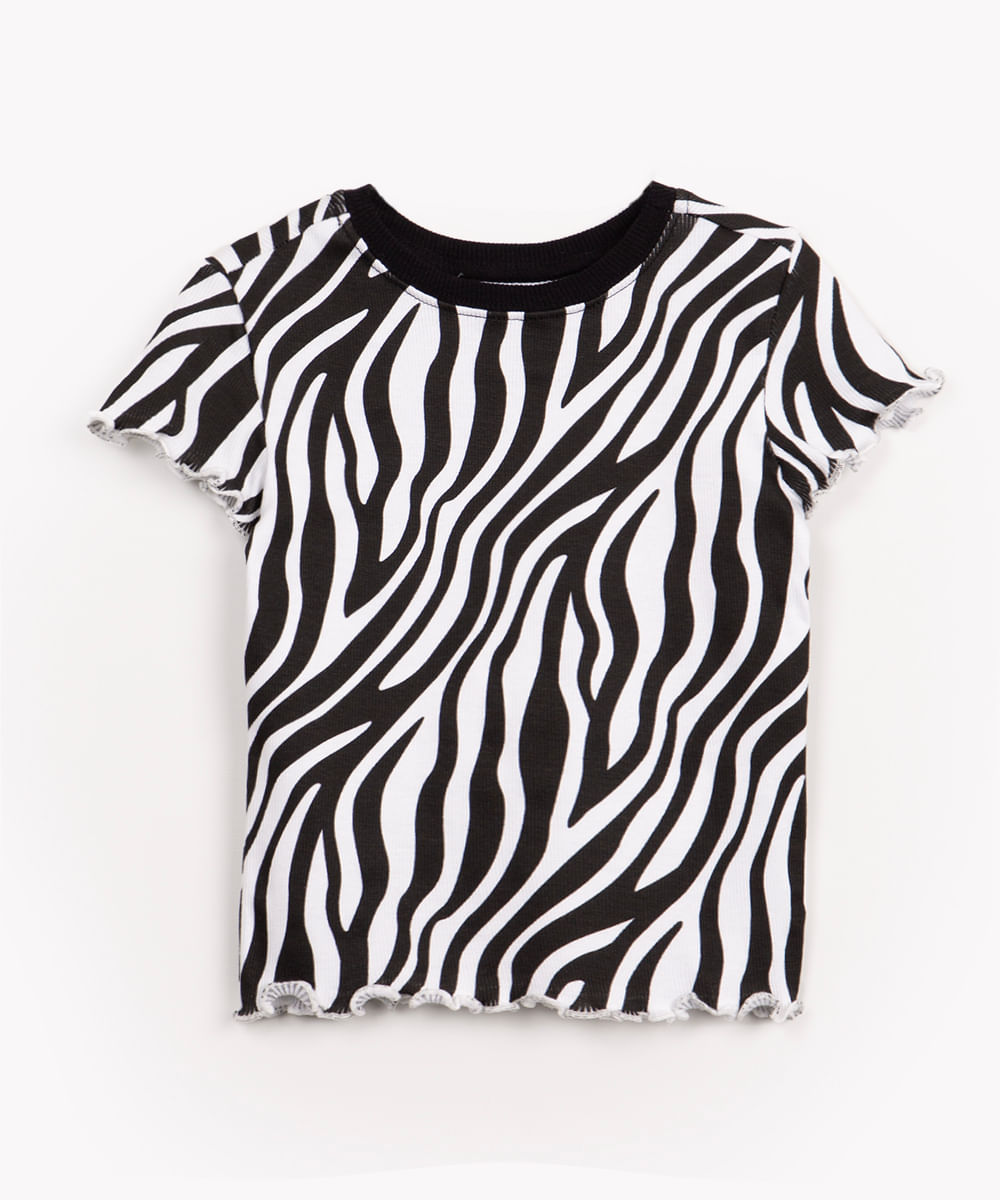 blusa infantil de malha canelada animal print manga curta multicor