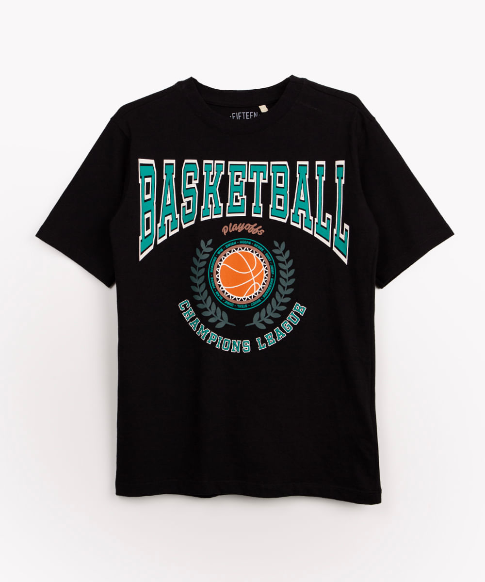 camiseta juvenil manga curta basquete preto