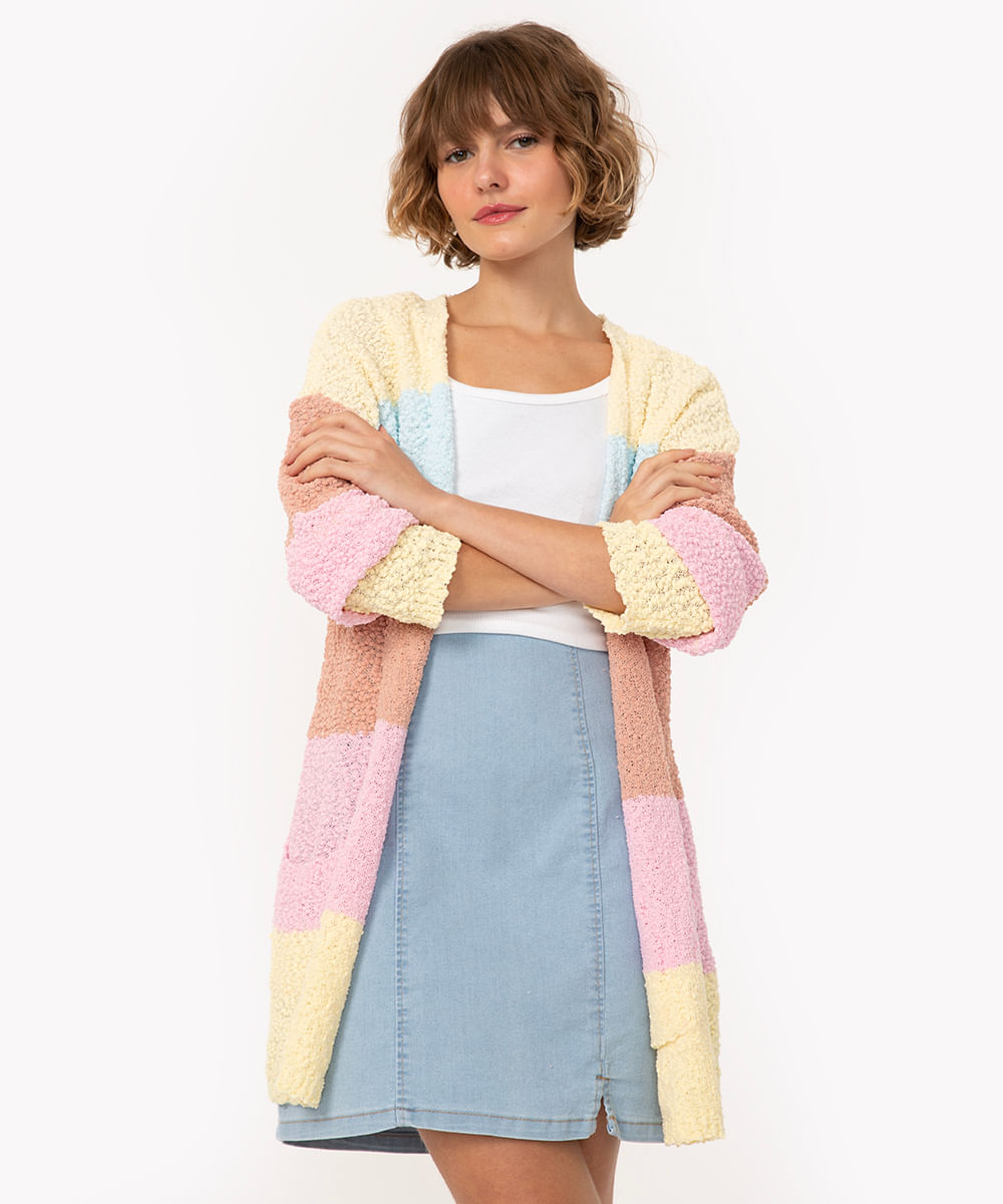 cardigan de tricô texturizado listrado amarelo