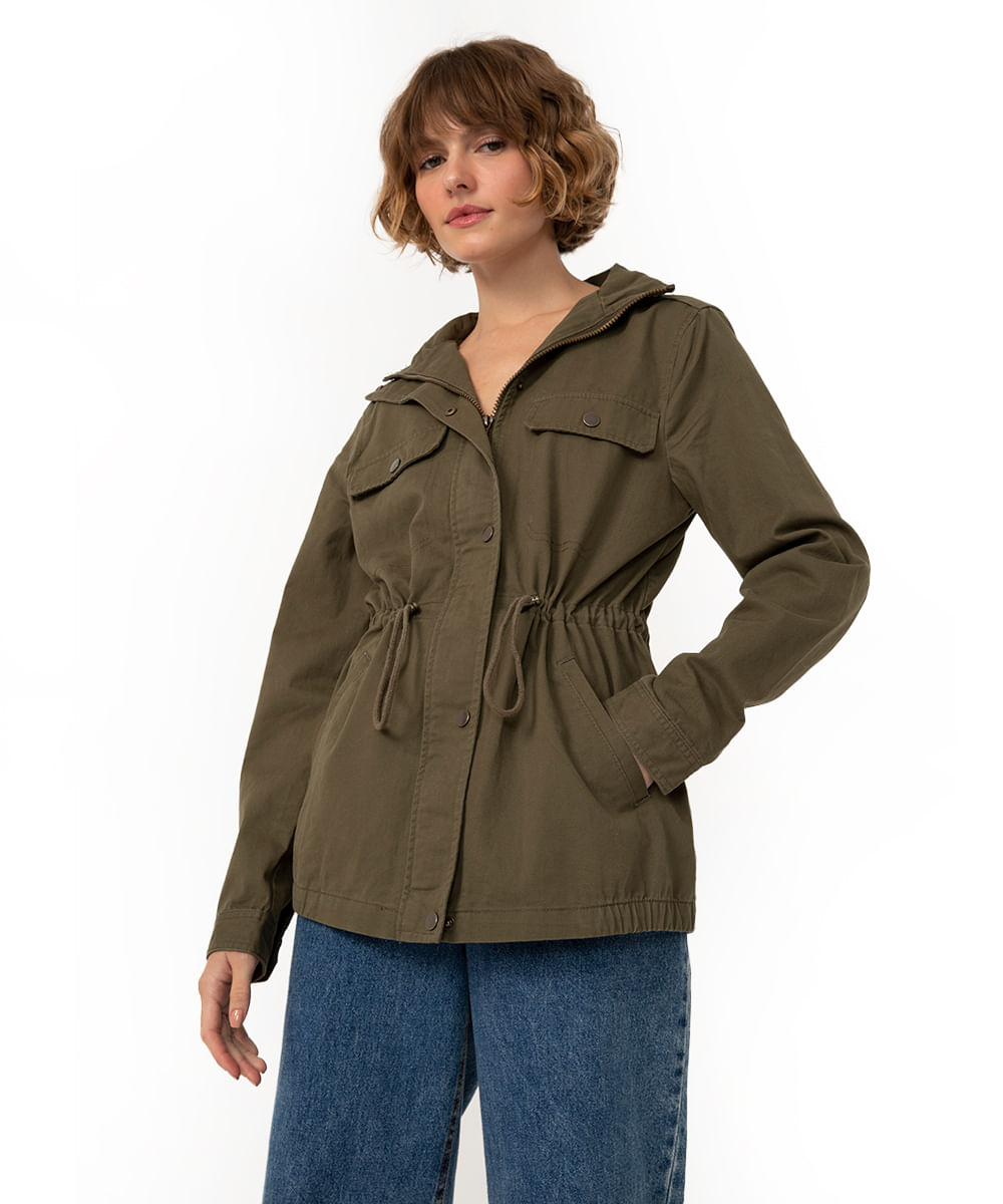 jaqueta parka de sarja com bolsos - verde militar