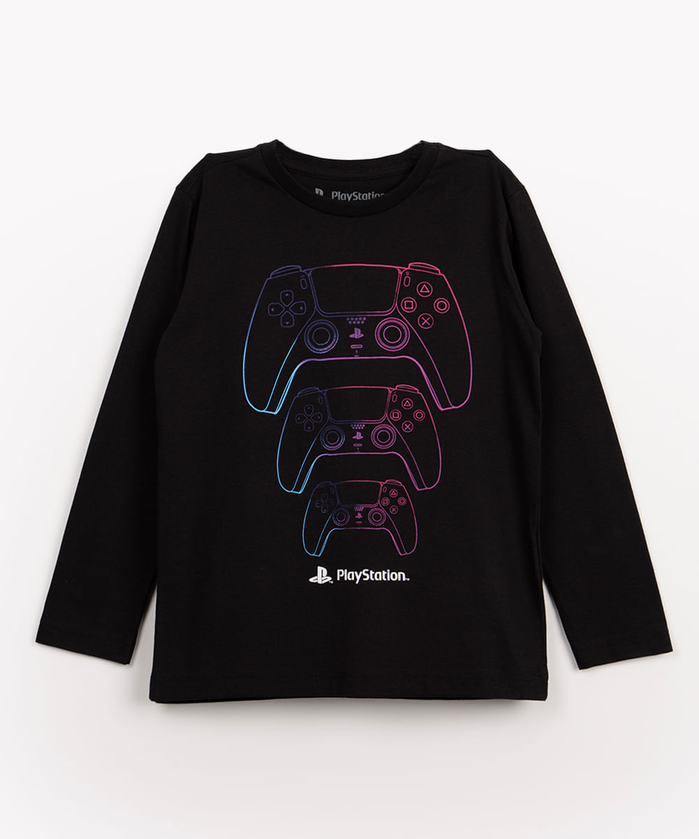 camiseta infantil de malha Playstation manga longa preta