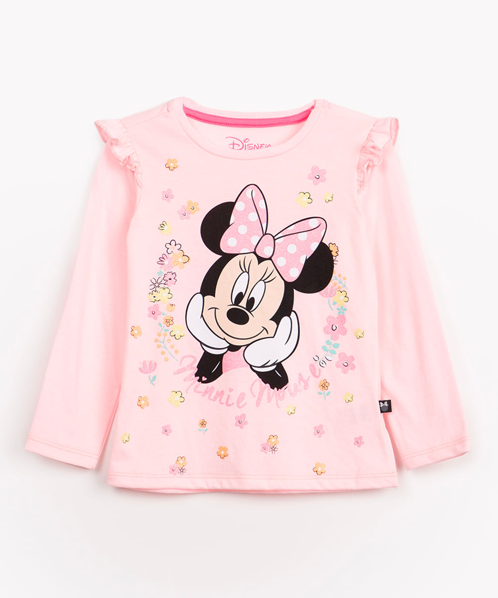 blusa infantil de malha minnnie manga longa com babado rosa