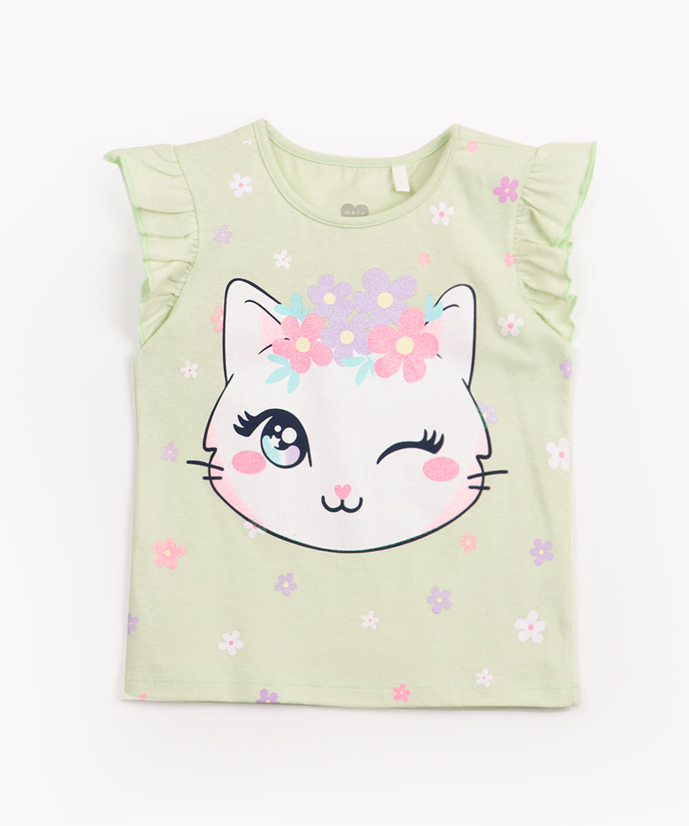 blusa infantil de malha gatinha manga curta verde