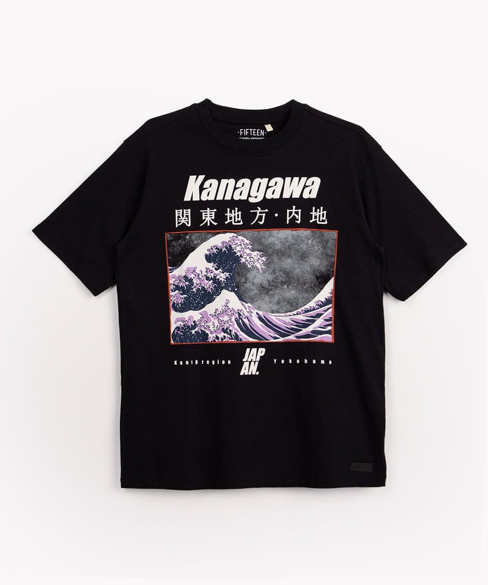 camiseta juvenil de malha oversized kanagawa manga curta preto