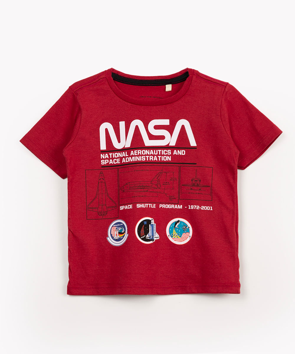 camiseta infantil de malha NASA manga curta vermelha