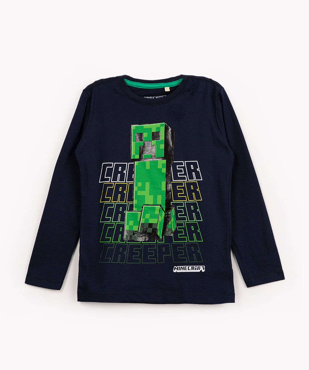 camiseta infantil de malha minecraft manga longa azul marinho