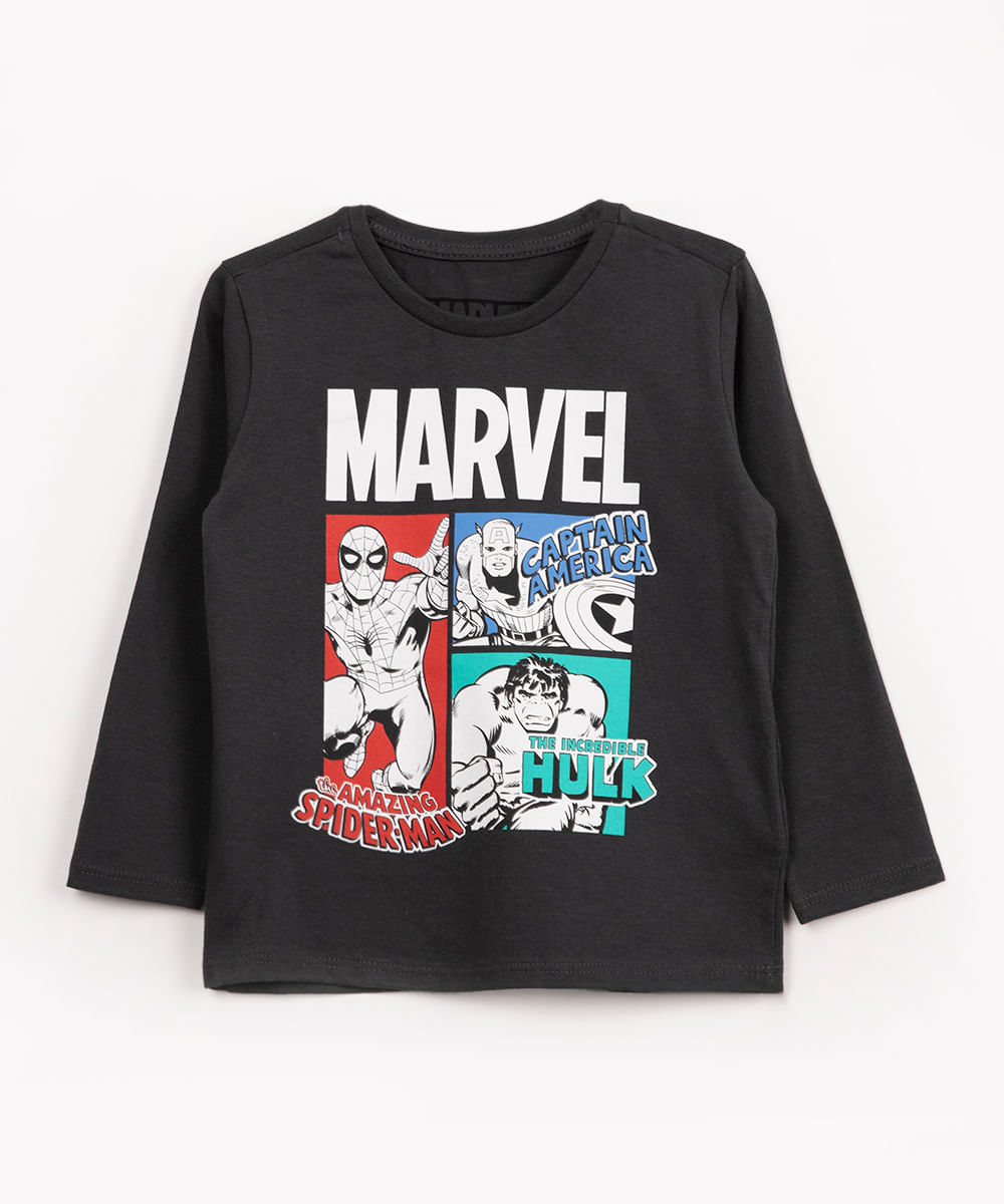 camiseta infantil de malha Marvel manga longa cinza