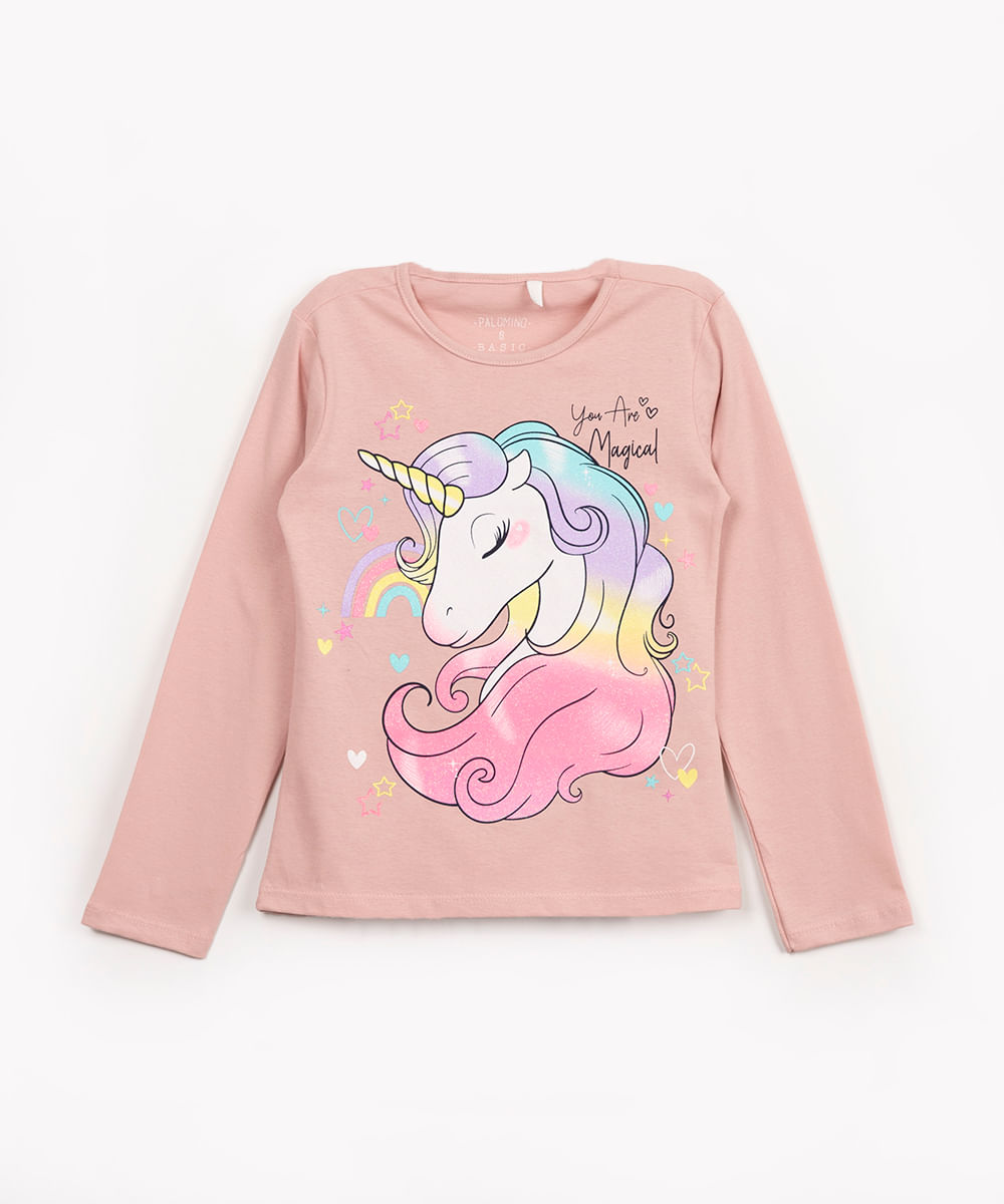 blusa infantil de malha unicórnio manga longa rosa claro