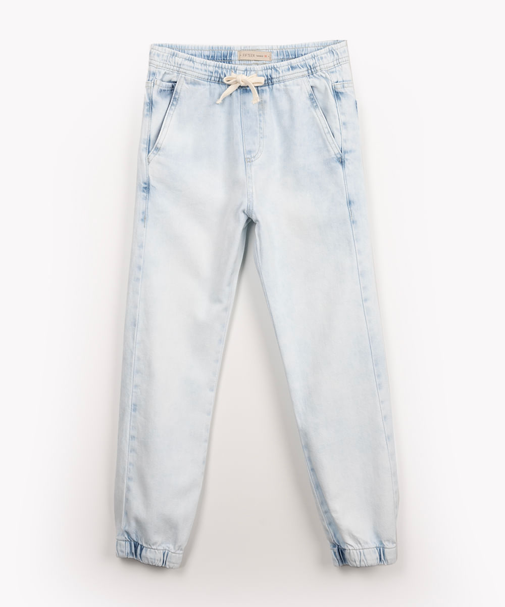 calça jeans juvenil jogger com bolsos azul claro