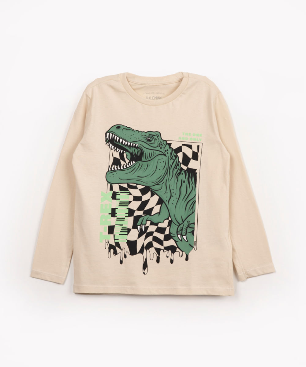 camiseta infantil de malha dinossauro manga longa bege