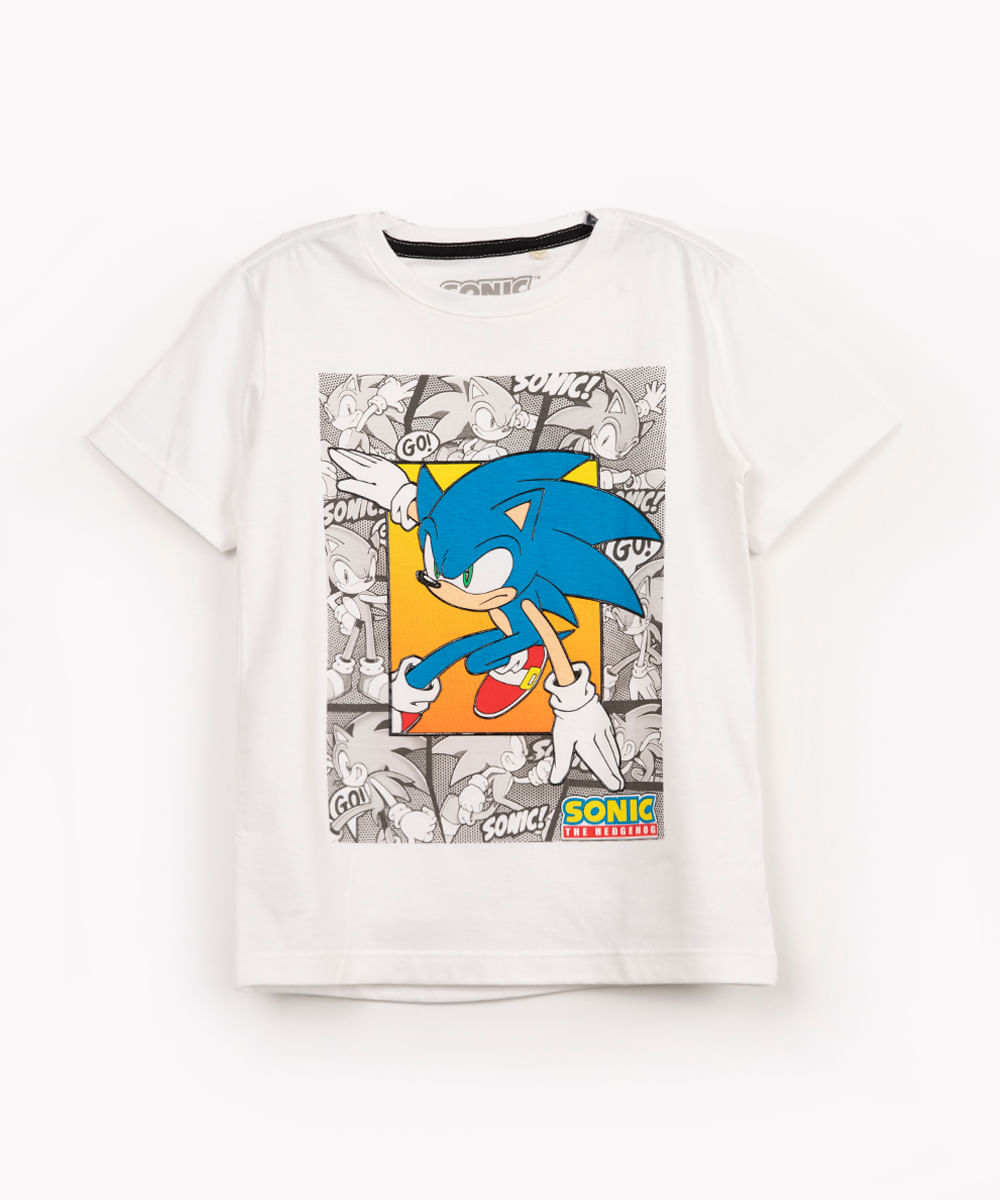 camiseta infantil de malha Sonic manga curta off white