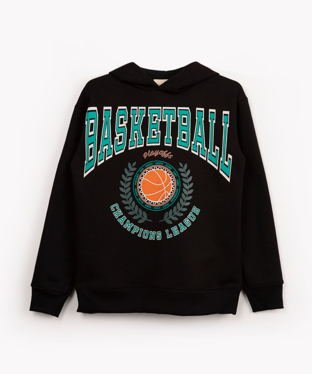 blusa de moletom juvenil basquete com capuz preto