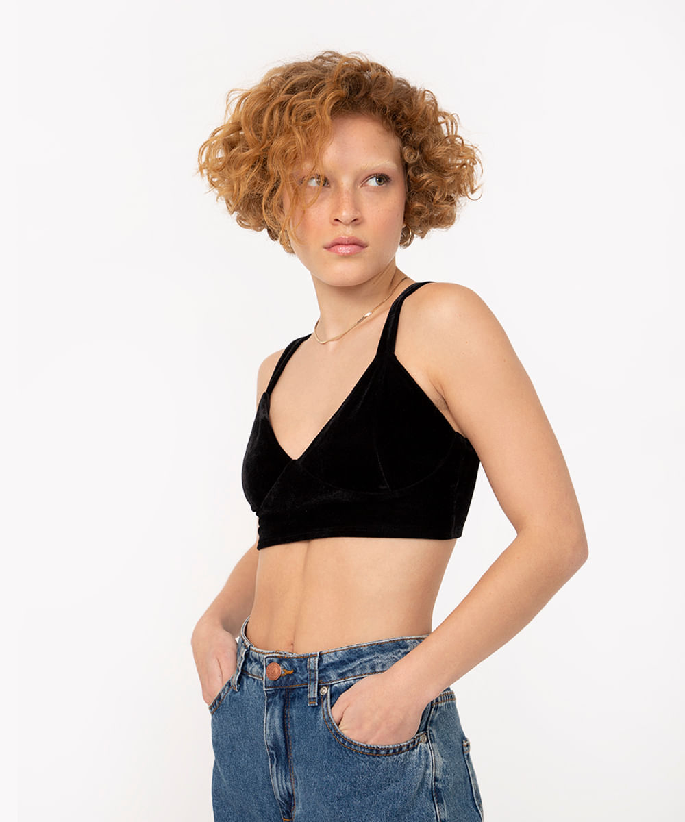 top cropped de veludo alças finas preto