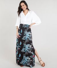 Saia-Longa-Feminina-Estampada-de-Folhagem-com-Fendas-Preta-9309643-Preto_3