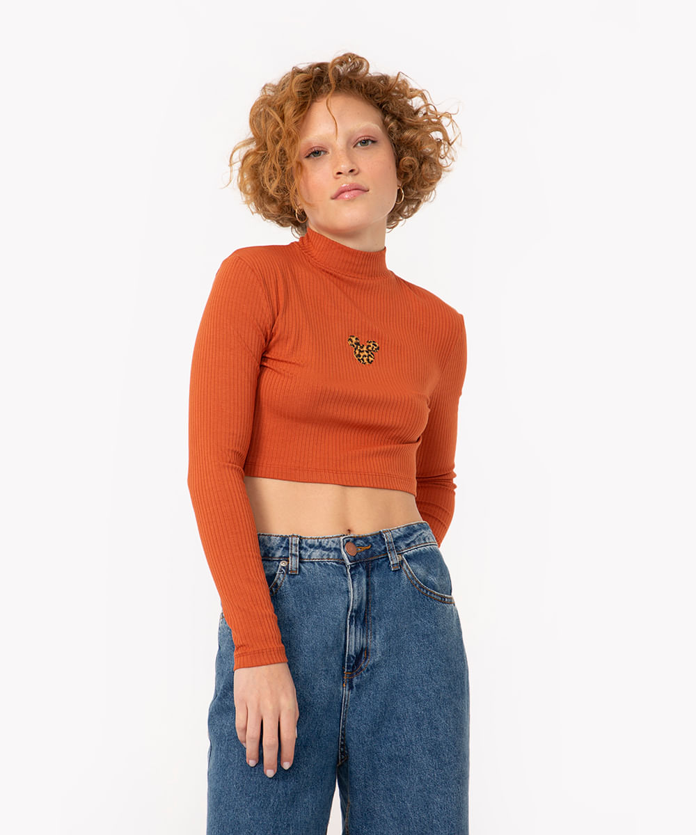 blusa cropped de malha canelada Mickey mangas longas laranja escuro