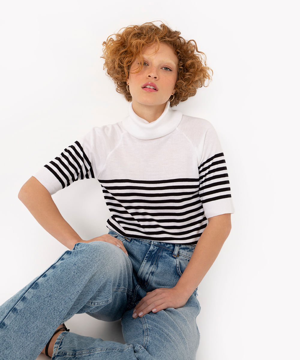 blusa em tricô listrada manga curta off White