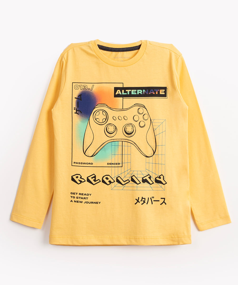 camiseta de malha infantil game manga longa amarelo